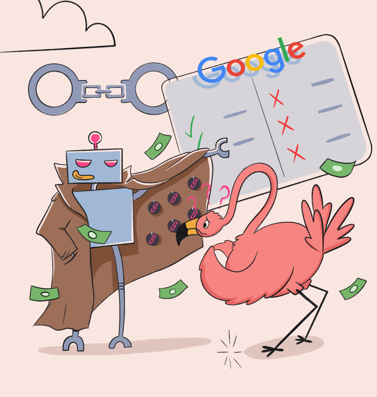a black hat SEO selling backlinks while a potential customer considers whether to buy backlinks